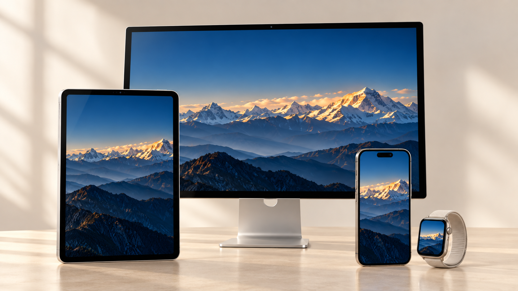 金照群山壁纸在桌面显示器、iPad、iPhone 与 Apple Watch 中的写实设备场景